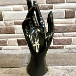 Diamond Stud Gold Fleur De Lis Cross Pendant Necklace